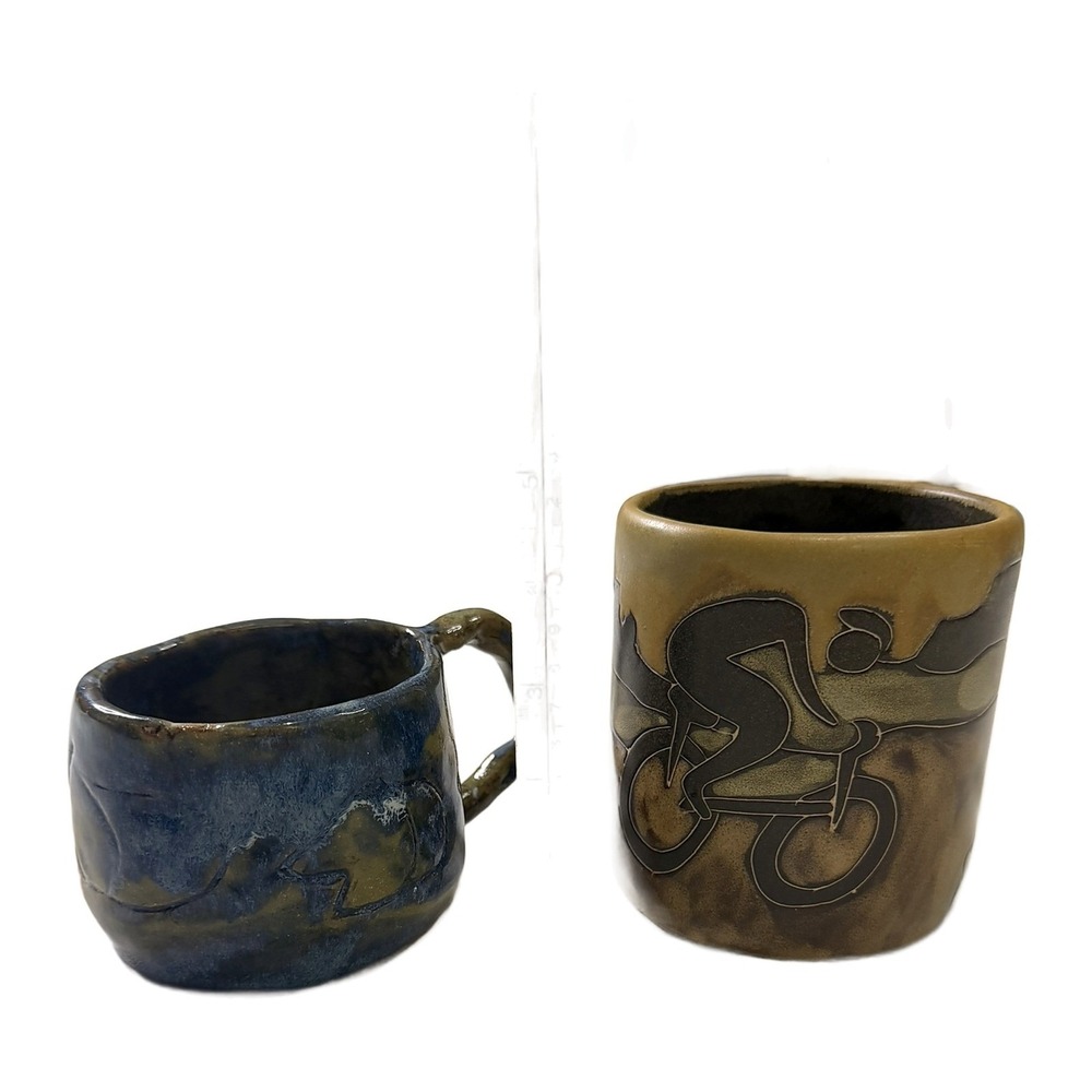 Mara Mexico Studio Pottery Cyclist Mug Hand Built Blue Glazed Organic Cup Set - Picture 3 of 16